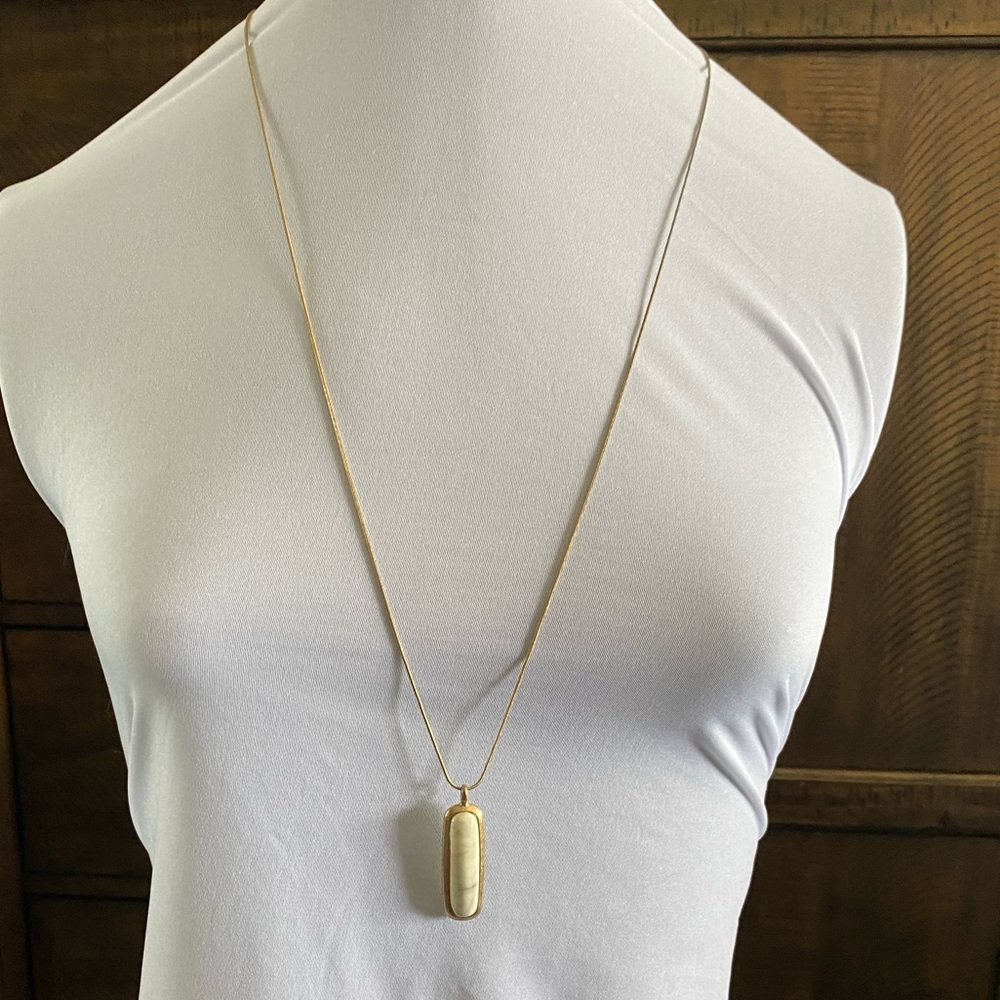 Long Gold Necklace with White/Gray Stone